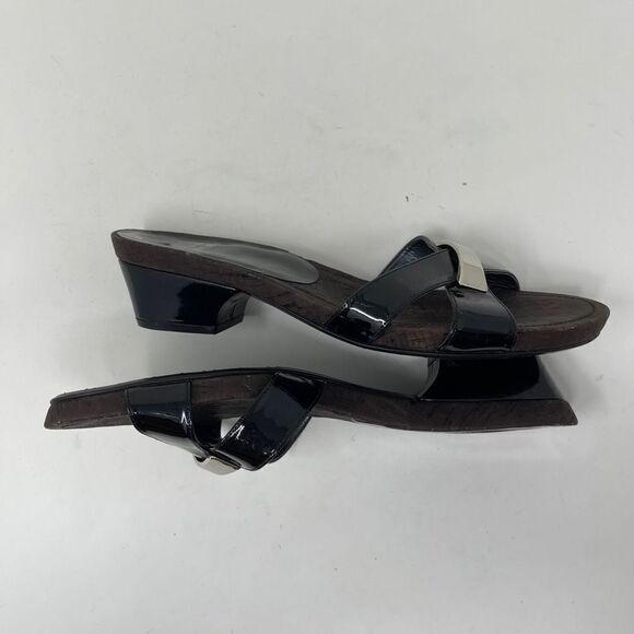 Stuart Weitzman Women's Cork Slip On Sandals Open Toe Black Patent Strap Sz 8.5 - Picture 5 of 9